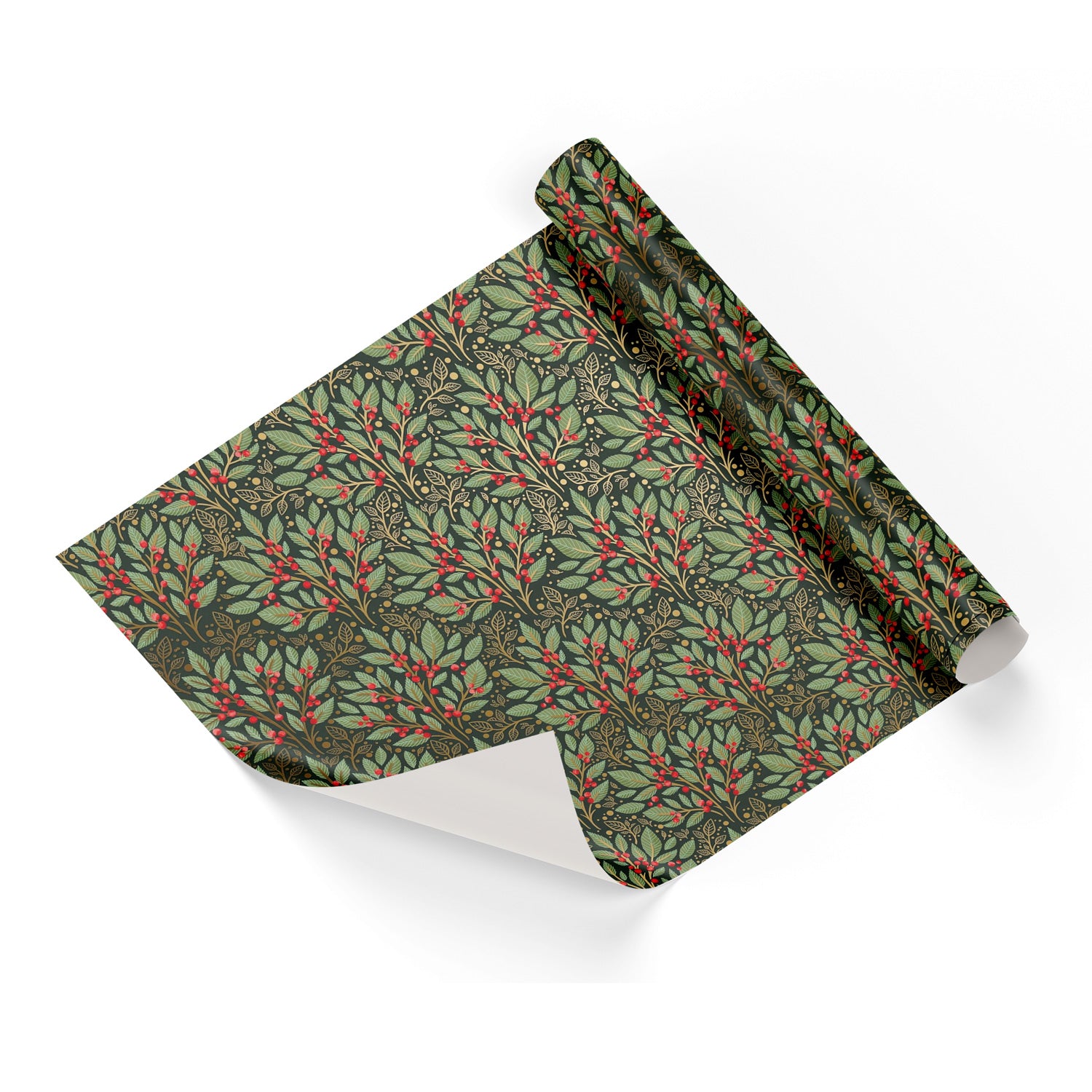 Holly Leaves Black Base Wrapping Paper