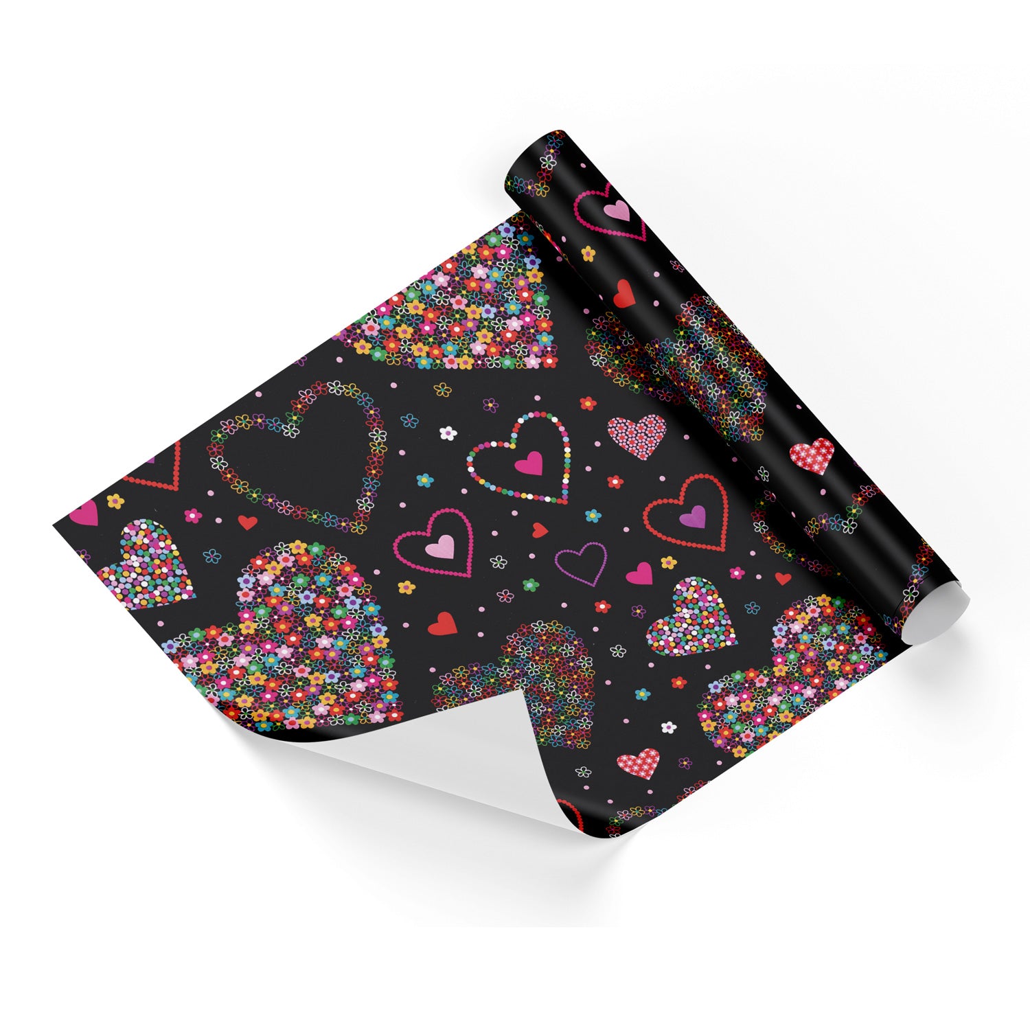 Valentine Colorful Flower Hearts Black Base Wrapping Paper